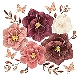 flores gigantes de papel china El paquete incluye: 19 piezas en total. Cada juego de flores 3D tiene 5 flores de peonía coloridas, 6 hojas de rosa doradas, 8 mariposas. Es fácil colocar diferentes estilos para la pared de fondo.