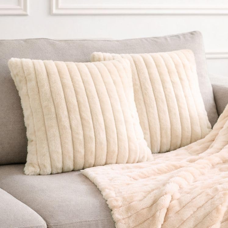 John Aird Set of 2 Ribbed Soft Faux Fur Cushion Cover โ Luxury Plush Decorative Throw Pillow for Sofa, Bed & Living Room (Cream, 45 x 45cm) โ image 1
