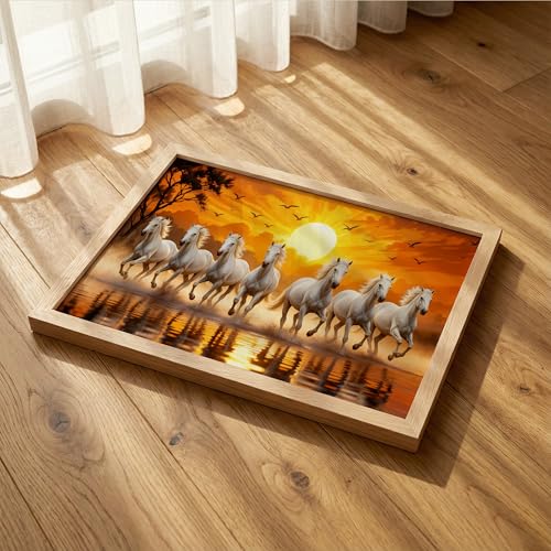 Image of Suneree 7 White Horse Vastu Wall Painting - Running Horses Sunset Landscape Framed Wall Art for Living Room & Office Decor (Natural, Design 02, 13x19 Inch)