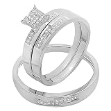 0.15 carati (Ctw) rotondo bianco diamante da uomo e da donna con pavè di anello di fidanzamento Trio set nuziale, Argento, 7, cod. K1793