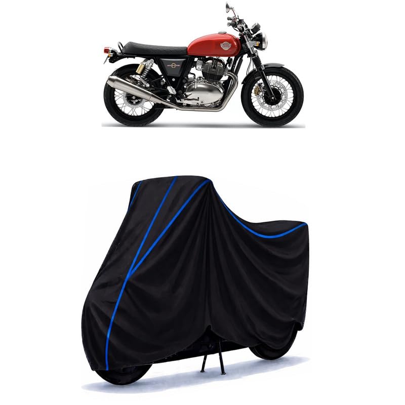 Image of Interceptor 650 Custom Bike Cover Water Resistant Universal Motorcycle Rain | Heavy Duty UV Protection, Dust, Scratch Indoor Outdoor All Weather with Black Blue Piping Elastic