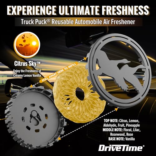 Image of Drive Time Truck Puck Citrus Sky Fragrancee Car Air Freshener - Long-Lasting Car Deodorizer, Refillable Vent & Visor Clip Auto Air Freshener for Car, Truck & SUV, Premium Fragrance, Pack of 3