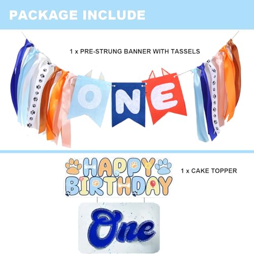 Image of Light Blue Navy Orange High Chair Banner and Cake Topper Cute Puppy Highchair Garland One Happy Birthday Highchair Photo Prop