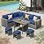 AECOJOY Outdoor Patio Furniture Set with Waterproof Cover, 7 Pieces Clearance Sectional Rattan Dining Table&Chairs, All Weather Wicker Conversation Sofa Couch, Dark Blue Cushions&Grey Rattan