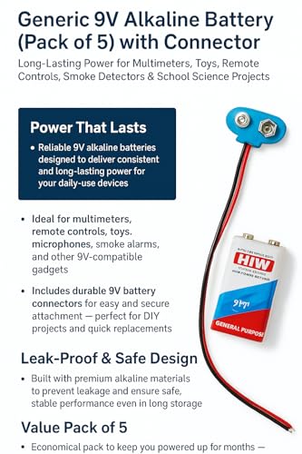 Image of 9V Battery (Pack of 5) with Connector | Long-Lasting Power for Multimeters, Toys, Remote Controls, Smoke Detectors & School Science Projects | Leak-Proof Heavy Duty Batteries