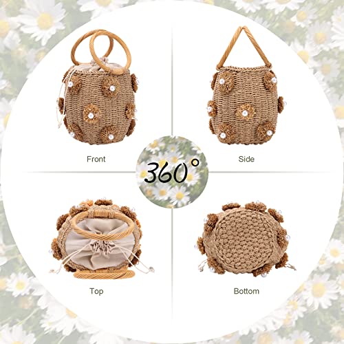Lanpet Straw Beach Bag for Women Summer Drawstring Woven Tote Bag Flower Pearls Bucket Handbags2