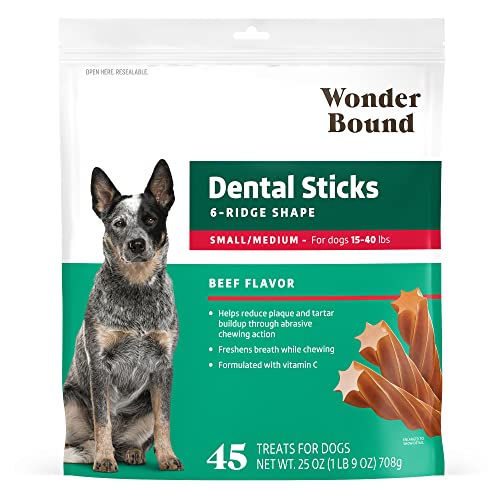 Image of Wonder Bound Beef Flavor Dental Sticks for Small /Medium Dogs (15-40 lbs), 6-Ridge Shape for Plaque & Tartar Control, Freshens Breath, Formulated with Vitamin C, 45 Count