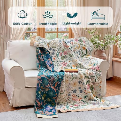 Image of MSGKV Boho Throw Blanket 50 inchx60 inch Cotton Floral Blanket for Couch Bed Decor