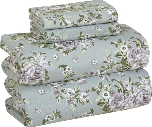 Bliss Casa 4 Piece 100% Cotton Flannel Sheets Queen Size Bed Set - Warm & Extra Soft - Deep Pockets, Breathable, All Seasons Comfy - Double Brushed Bed Sheet (Blossom)