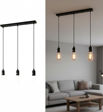 LEDSone Industrial 3-Way Cluster Pendant Light   Black Triple Hanging Ceiling Lamp, Loft Bar Style Fixture for Kitchen Island & Living Room   E27 Compatible [Energy Class A]