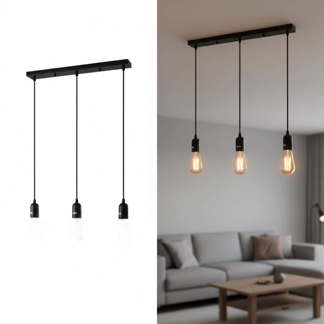 LEDSone Industrial 3-Way Cluster Pendant Light – Black Triple Hanging Ceiling Lamp, Loft Bar Style Fixture for Kitchen Island & Living Room – E27 Compatible