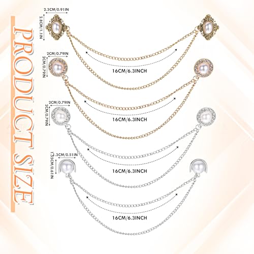 Image of Mabor Collar Chain, 4Pcs Vintage Sweater Shawl Chain Clips Antique Cardigan Collar Clips Cloak Chain Holders Gold Silver Brooch Pin for Women Men Lapel Suit Dress Decoration