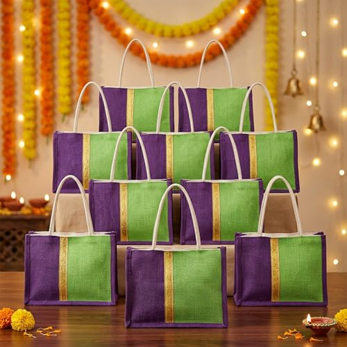 Image of Amazon Brand - Solimo Thamboolam Gift Bag | Pack of 10 | Reusable & Durable | Assorted Colours Green /Purple /Cream
