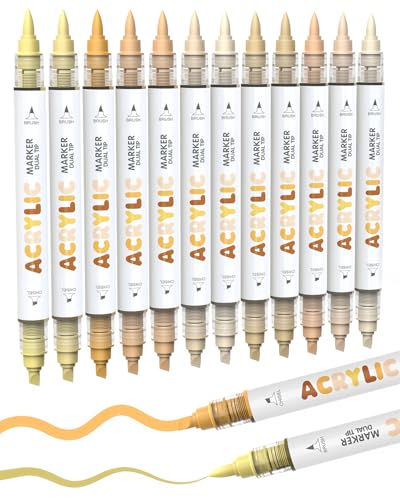 Guangna 12 Skin Tone Dual Tip Acrylic Paint Markers Brush Tip & Chisel Tip Acrylic Paint Pens for Pumpkin Paint Rock Wood Glass Paper Coloring Book Ceramic Canvas Water-Based Ink
