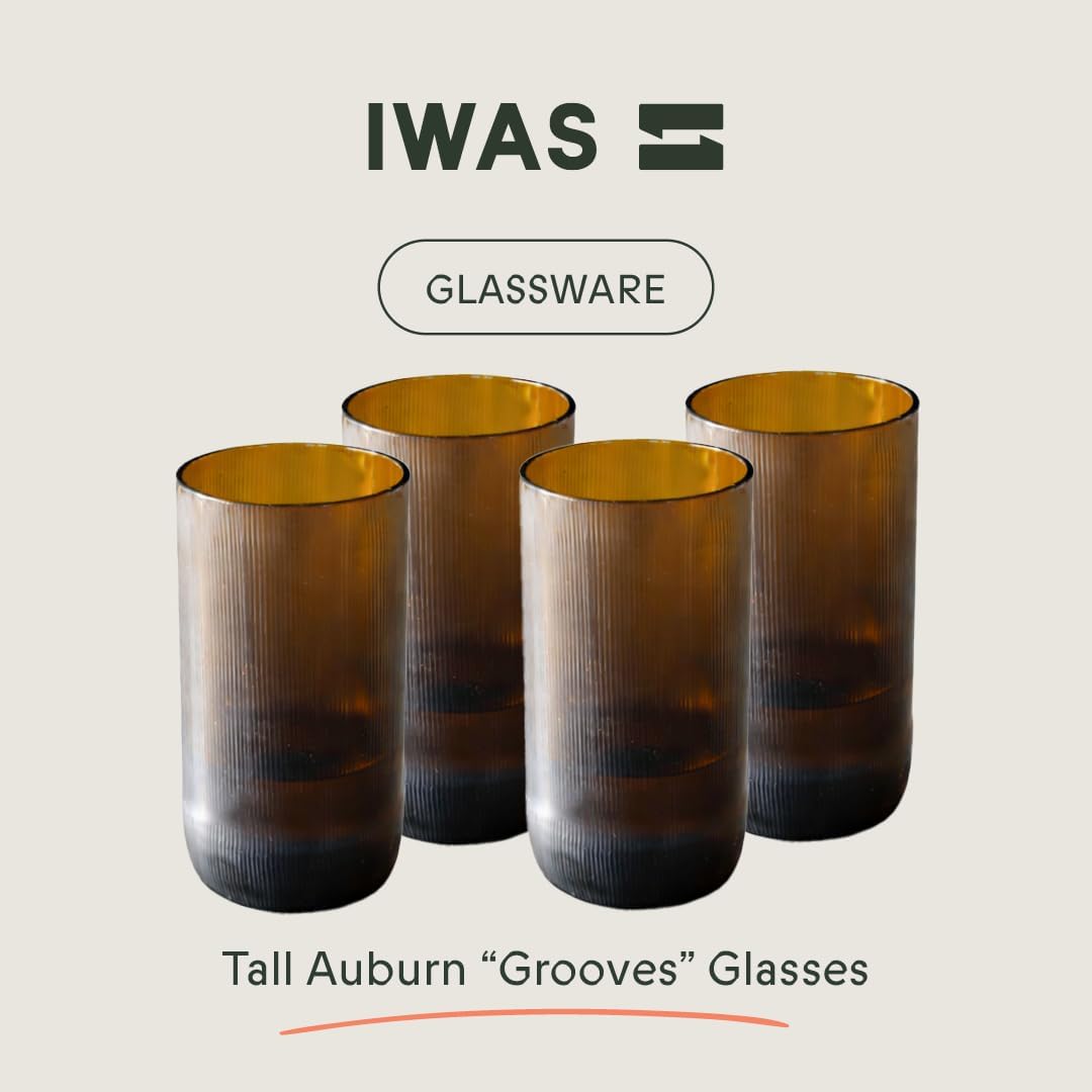 IWAS Upcycled Tall Amber Drinking Glasses, Tall, 13.53 OZ / 400 ML, Set of 4 Rustic Grooved Cups, Handcrafted Sustainable Glassware - Image 5