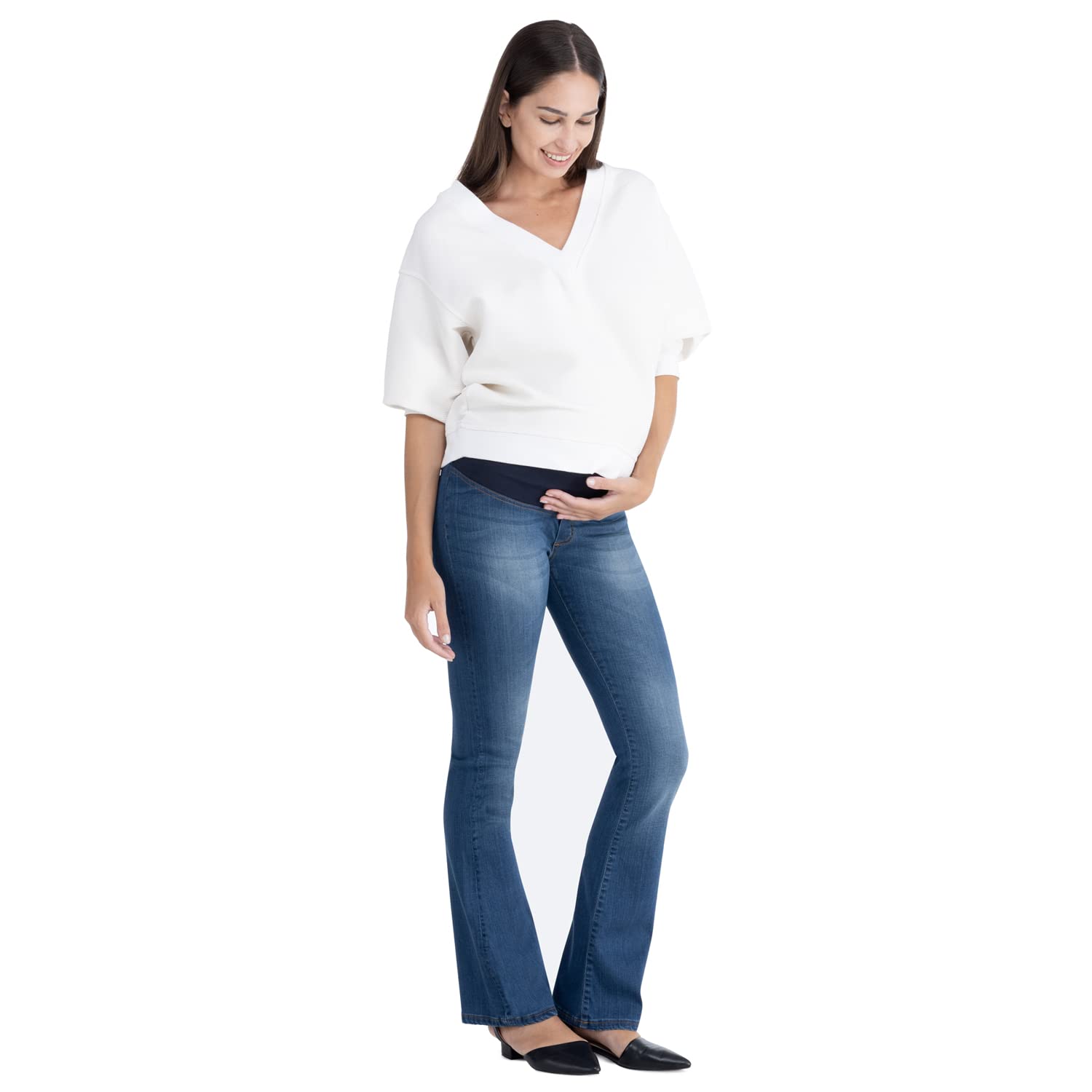 Catania - Jeans Premaman con Panciera Bassa a Zampa di Elefante, Abbigliamento per La Gravidanza - Made in Italy