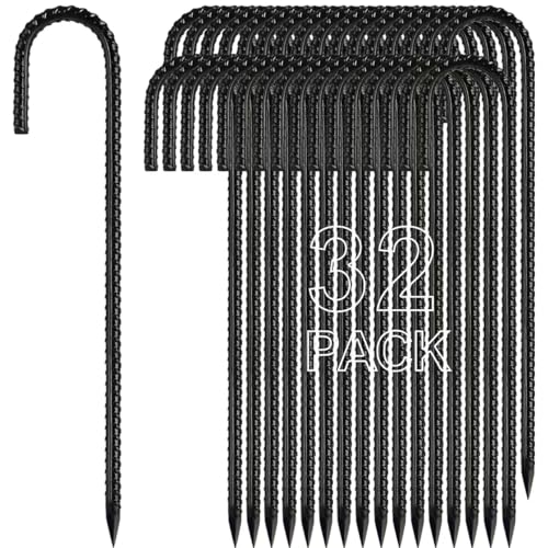 Kadrick Black Rebar Stakes 12 inch?J Hook Ground Stakes Anchors, 32-Pack Black Galvanized Fence Stakes,Heavy Duty 5/16'' Diameter
