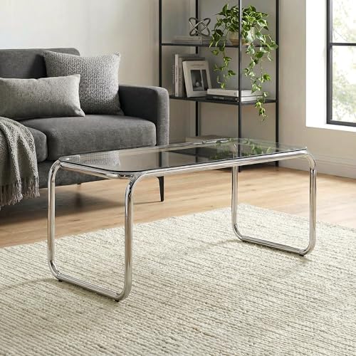 Sicaan Table Basse 90x50x45 cm 0,9x0,5 m Verre Trempé Noir Structure Métal Chromé Design Contemporain Salon Stable Résistant Moderne Plateau Spacieux...