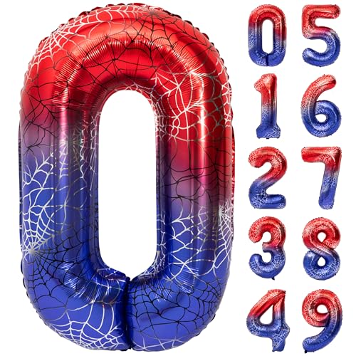Image of 40 In Red And Blue Spider Theme Large Number 0 Balloon | Giant Large Helium Foil Balloon for Boy or Girl 0 th Birthday Wedding Anniversary Baby Shower Party Decorations