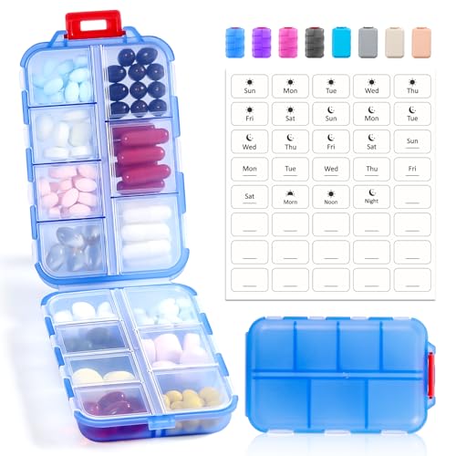 14 GRIDS Travel Pill Organizer Box with Labels - Travel Medicine Case Kit - Pocket Daily Pharmacy Container - Travel Medication 