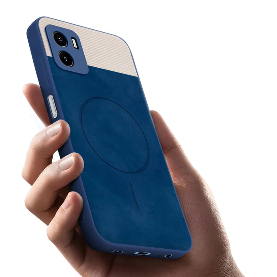 Image of Bintage CASE Mac Safe Design Hard Light Weight Back Case | Soft Border Camera Protect | Dual PU Leather Finish Back Cover Compatible for Vivo Y01 / Y15s / Y15c - White & Blue