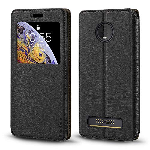 Motorola Moto Z4 Case, Wood Grain Leather Case With Card Holder And Window, Magnetic Flip Cover For Motorola Moto Z4 Black #TOP9