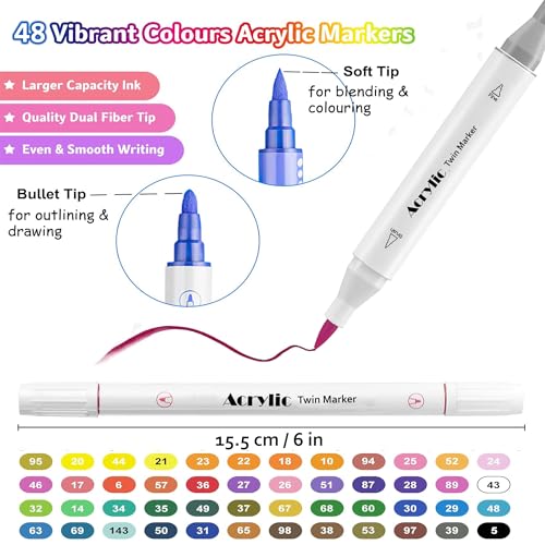 Image of 48 Colors Dual Tip Acrylic Paint Markers Set with Carrying Case For Painting Sketching Calligraphy Drawing, Permanent Colouring Marker Pens For Rock, Canvas, Wood, Glass, Ceramic, Fabric (48)
