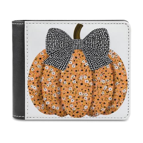 Orange Pumpkin with Bow Soft PU Leather Bifold Wallet, Coin Purse Credit Pass Case, Durable Card-Holder Slim Billfold for Men Woman Money Storage