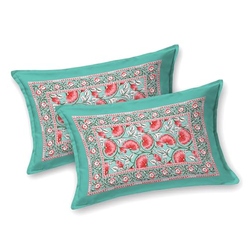 Image of ElanorHomes 180 TC Pure Cotton Pillow Covers Set of 2, Bedroom Pillows with Zip Closure, Soft Smooth Cool Breathable Pillowcases for Home (Turquoise Glow)