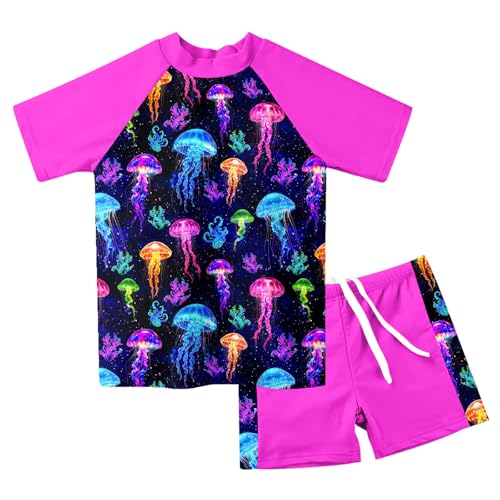 Image of AIDEAONE Girls Rash Guard Swimsuit Short Sleeve Two Piece Bathing Suit Size 3-12T