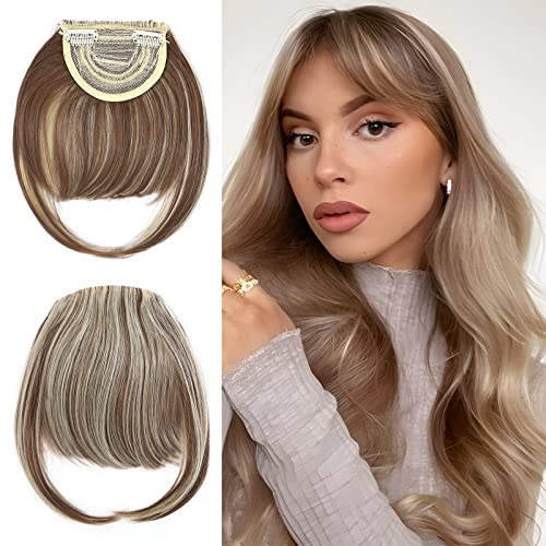 Elailite Flequillo Postizo Pelo Corto Clip Flequillos Falso (sienes 22cm) 1 Pieza 2 Clip en Postizos para Mujer # Marrón Claro/Rubio Claro