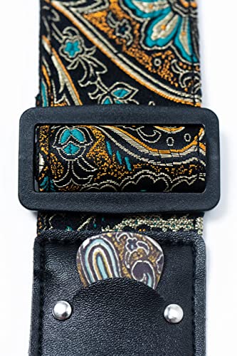 Art Tribute Guitar Strap Brown Gold Cotton Style Classic Pattern W/Free Bonus- 2 Picks + Strap Locks + Strap Button For Bass, Electric & Acoustic Guitar. Best Gift For Guitar Players Men & Women #TOP5