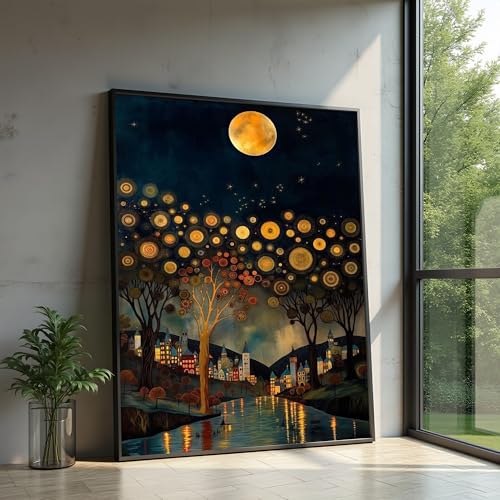 Tableau village clair de lune déco murale ciel nocturne XINBAO