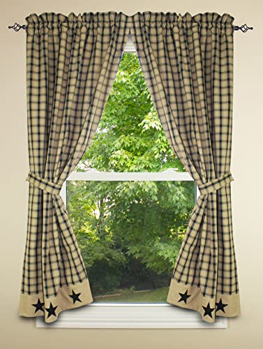 Primitive Home Decors Lancaster Star Lined 63'' Curtain Panel With Star Border, Black, 72''X63'' #TOP21