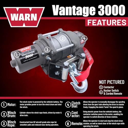 Image of WARN Vantage 3000 12V DC ATV /UTV Winch - 3000 lb Pull Capacity, 50 Ft 3 /16 inch Wire Rope, Roller Fairlead, Fully Sealed Motor, 3-Stage Planetary, Handlebar Mini Rocker & Corded Remote (108213)