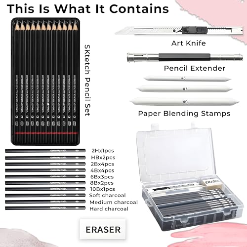 Image of DaKos Professional Sketching Set for Artists, Drawing Tool Kit for Beginners, Complete Sketching Pencil Set for Kids with Easy Carry Canvas Rolling Pouch & Storage Box (39 Pieces)