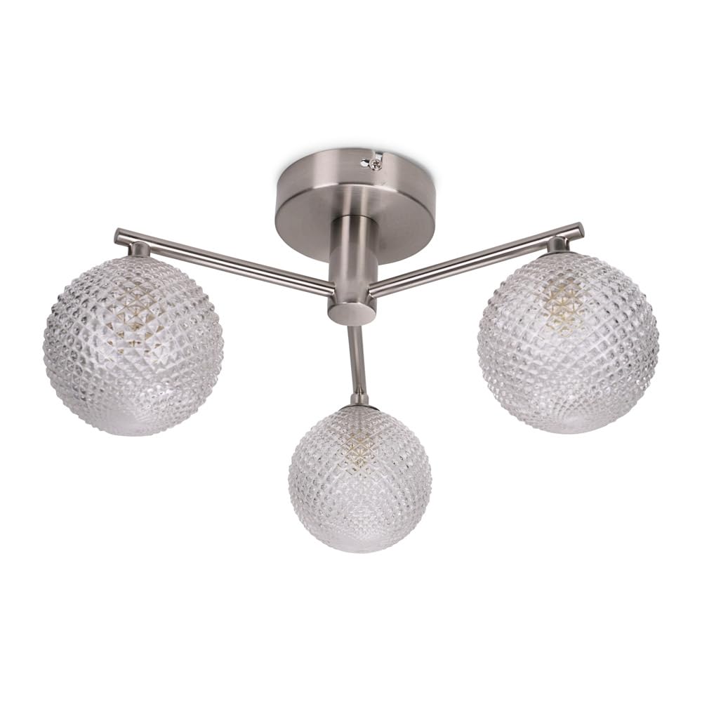 ValueLights | Brushed Chrome 3 Way Ceiling Light Fitting with Textured Glass Shades | Close-to-Ceiling Lights, Home Décor & Improvement Essential | Includes Bulb | Mains Wired