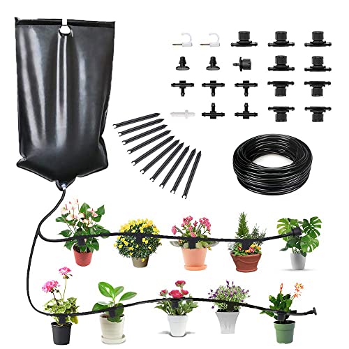 Kit de riego por Goteo para Interiores, Sistema automático de riego por Goteo instantáneo Alimentado por Gravedad con Bolsa de Agua de 10 l para regar Plantas de Interior de Vacaciones Cover