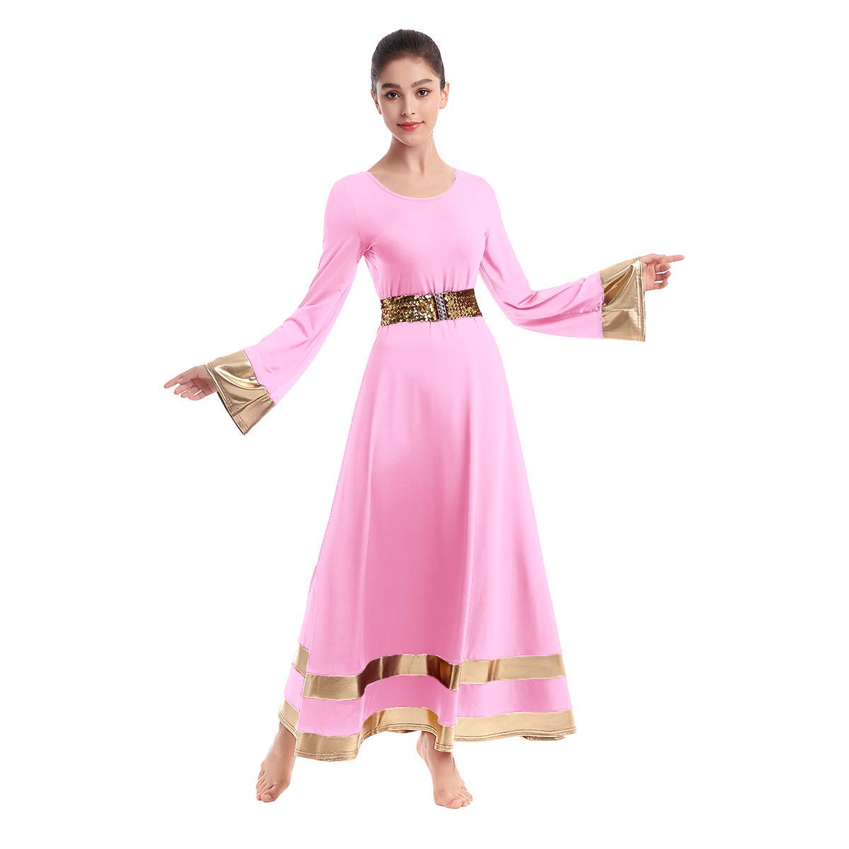 Women Metallic Gold Bell Long Sleeve Dance Robe Praise Liturgical Dress Full Length Loose Fit Worship Costume w/Sequin Elastic Belt Waistband Swing Gown Tunic Dancewear Set Pink+Gold XL