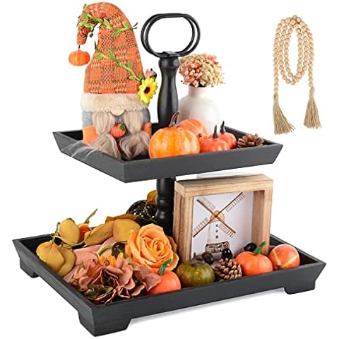 Perfnique Tiered Tray Stand, Brown Wooden 2 Tier Tray with 58in Wood Beads Garland, Serving Tray, Farmhouse Rustic Home Kitchen Table Decor, Morden Decorations Set for Shelf Coffee Bar Table (Brown) Cover