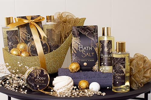 Accentra - Geschenkset Frauen Vanille-Mandelduft - Luxury Beauty Set mit Duschgel, Badesalz, Bodylotion, Scrub & Netzschwamm etc. – 9-Teiliges Bade Set für Frauen, Duschset mit Glitzer Stiletto