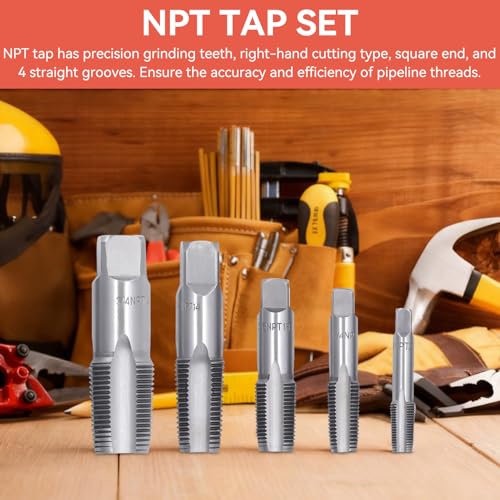 5 Stück NPT Rohrgewindebohrer Set, Gewindeschneider aus Stahl mit Aufbewahrungsbox 1/8, 1/4, 3/8, 1/2, 3/4 Zoll Kohlenstoffstahl Handgewindebohrer Set für Wasserrohrverbindungen, Autoreparatur