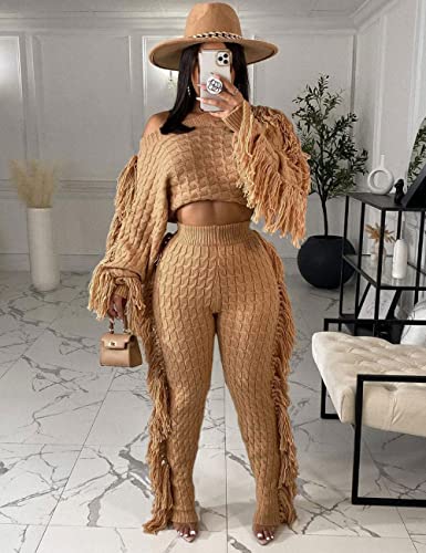 Image of KANSOON 2 Piece Sweater Set for Women Cable Knit Fringe Crop Top and Pants | Cozy feel, ribbed high waist, comfortable stretch fit for birthday and chilly going-out outfits