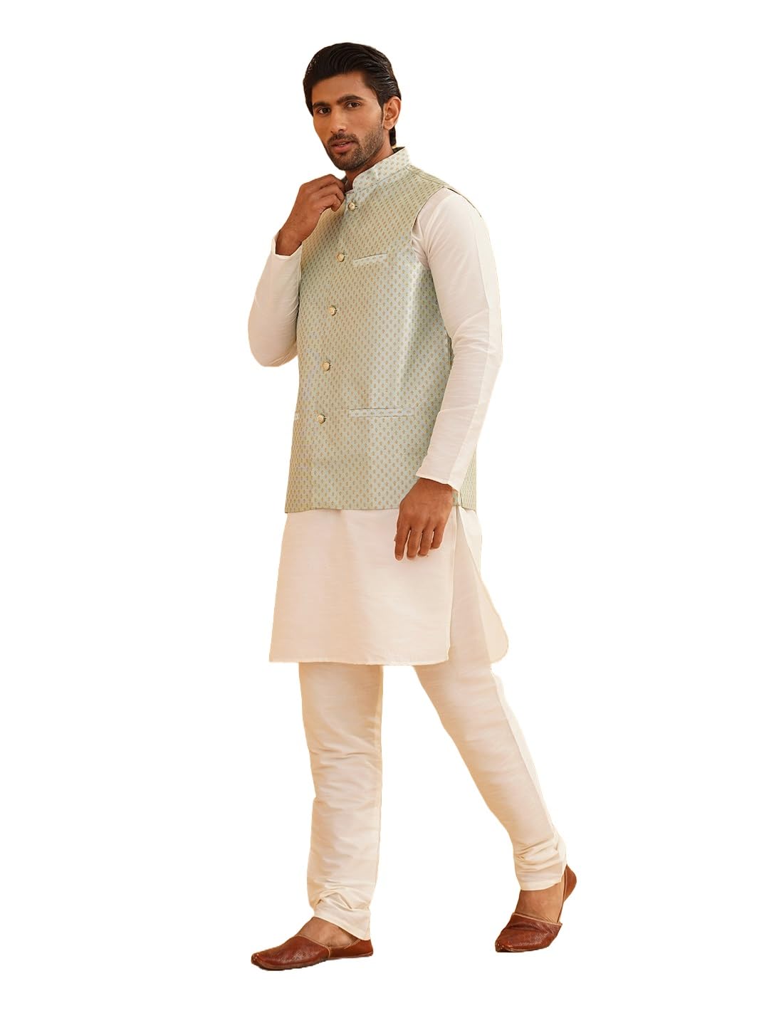 Sojanya (Since 1958 Men's Silk Blend Cream Kurta Pyjama & Sea Green Self Design Nehru Jacket Combo