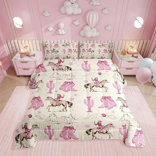 Erosebridal Retro Western Horse Twin Comforter Set for Girls Pink Cowgirl Boots and Bows Bedding Sets for Kids Teen Rustic Country Cowboy Cactus Bed Set Cute Bow Room Decor with 1 Pillowcase