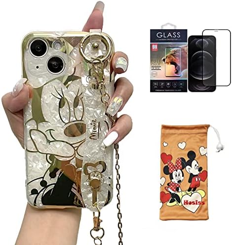 Hosiss Cartoon Case for iPhone 13 6.1''with HD Screen Protector, Minnie Mouse with Wrist Strap Kickstand Metal Chain Strap Soft TPU Shockproof Protective for Girls Women