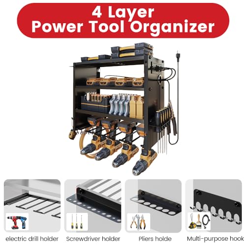Image of 4-Tier Power Tool Organizer, Built-in 2-Outlet Charging Station for Small Garages,400lb Capacity 12mm Steel Drill Holder & Battery Storage for DIY Workshops (4 Slots with 2 Outlets Power Strip)