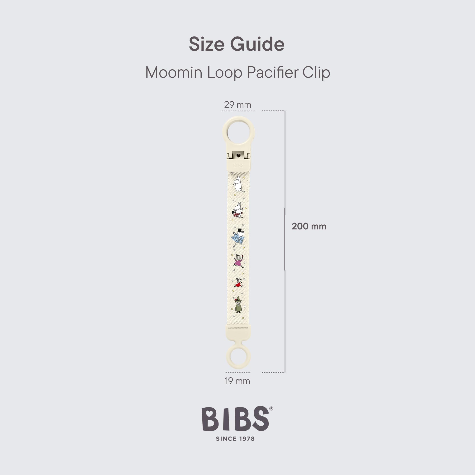 Klips do smoczka BIBS x Moomins Loop – elegancki, bezpieczny w obsłudze jedną ręką, pasuje do wszystkich smoczków BIBS i większości marek, można prać w pralce, wiek: 0+ - Ivory