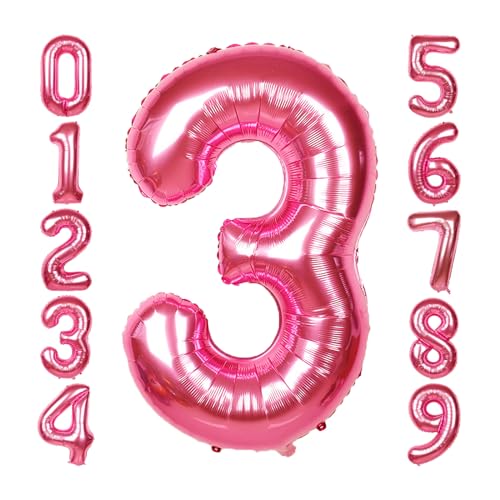 Image of 40 Inch Giant Hot Pink Number Balloon, Mylar Foil Helium Hot Pink Balloons for Birthday Party, Number 3 Balloon for Birthday Decorations, Hot Pink 3 Birthday Balloon