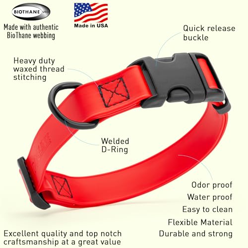 Image of Dogline Biothane Waterproof Dog Collar with Quick Release Buckle Strong Coated Nylon Webbing with Odor- Proof for Easy Care Easy to Clean Fits Small Medium or Large Dogs, Red 3 /4 inch W 12-19 inch L